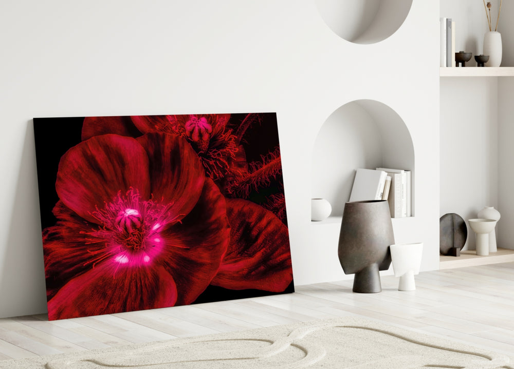 Malvales Flower glass wall art styled above a credenza in a living room