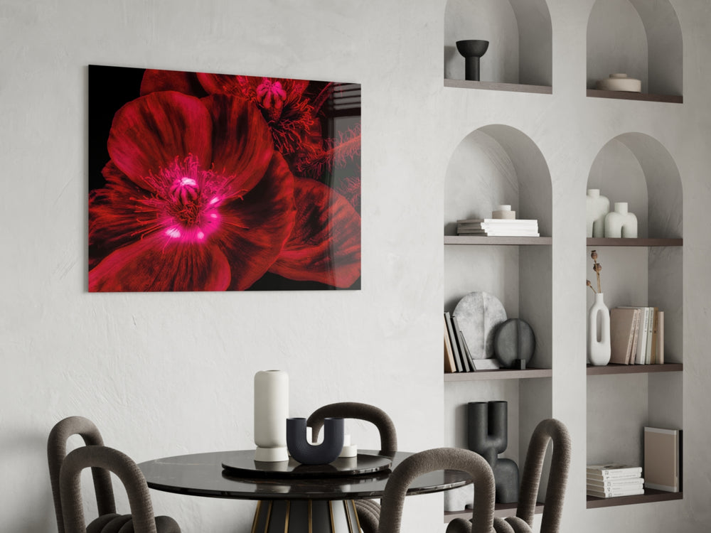 Malvales Flower glass print enhancing a bedroom with cinematic drama