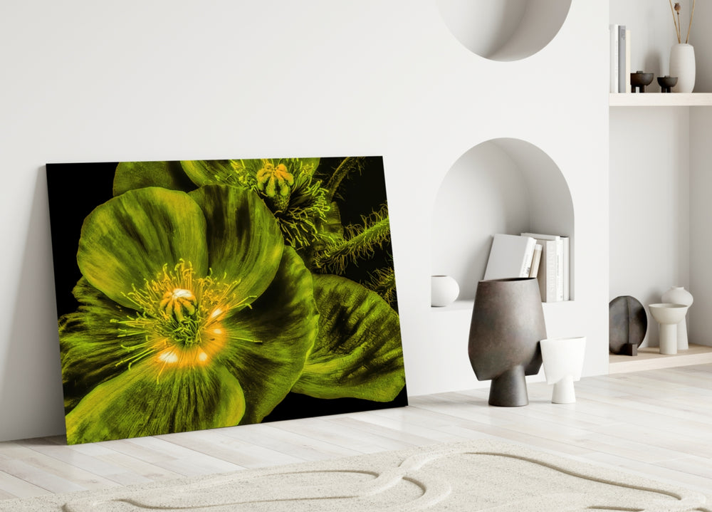 Malvales Flower glass wall art styled above a credenza in a living room