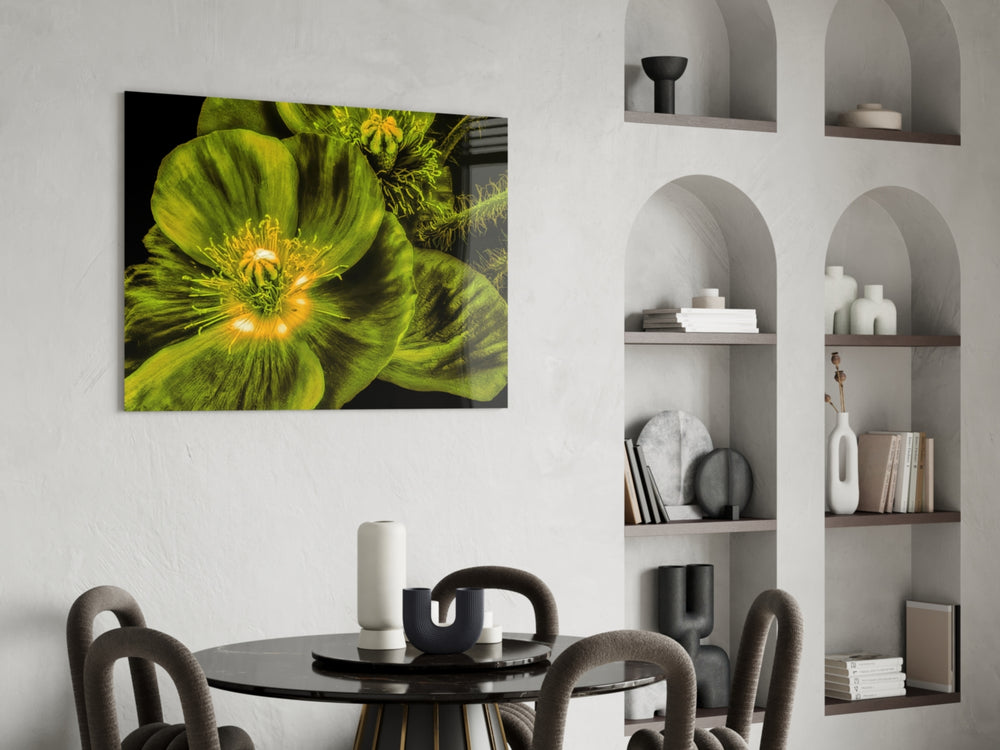 Malvales Flower glass print enhancing a bedroom with cinematic calm