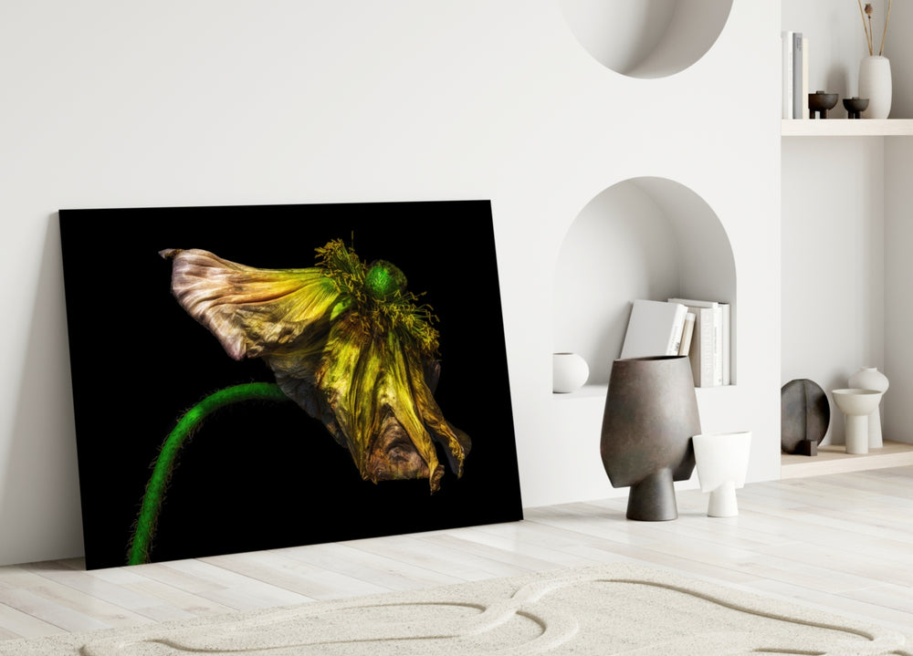Flower glass wall art styled above a console in a living room