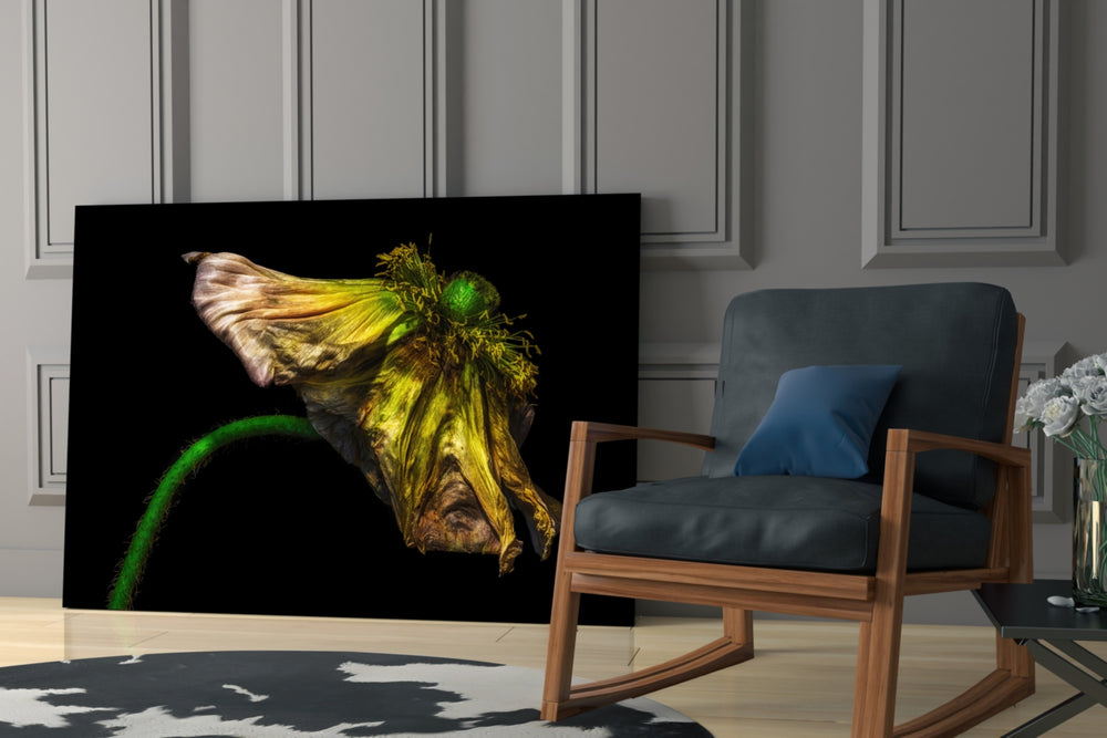 Flower artwork anchoring a wall with contemplative biophilic palette