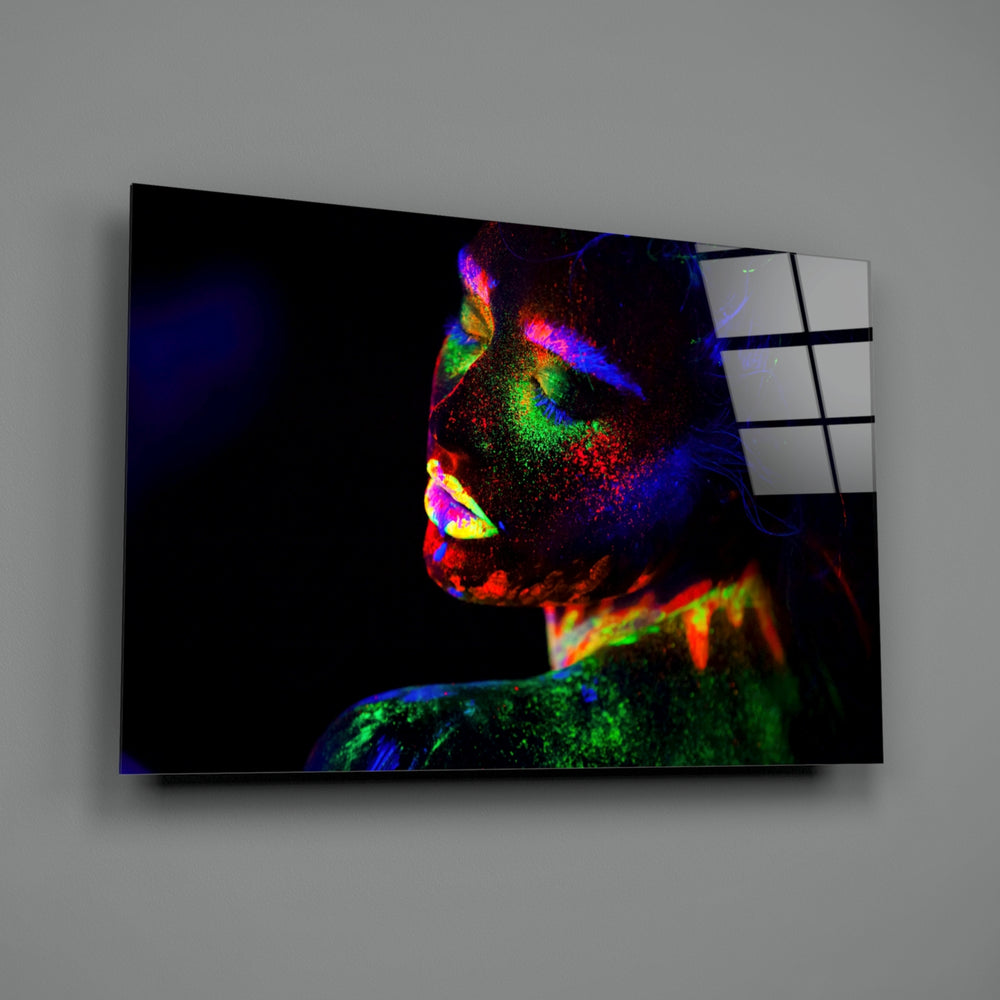 Neon Woman close-up showing body-painted profile in scattered neon pigments