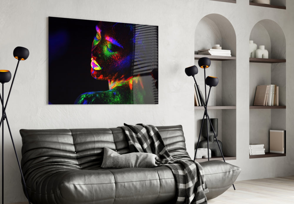 Neon Woman panel adding editorial mood to a bedroom