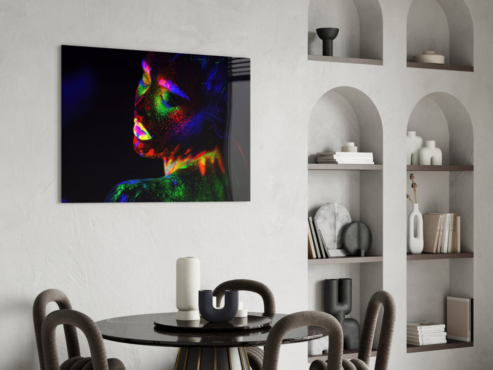 Neon Woman glass print enhancing an office with cinematic drama