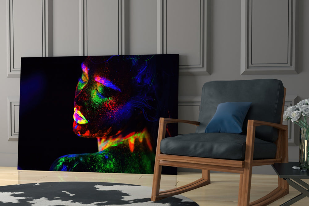 Neon Woman artwork anchoring a wall with bold neon palette