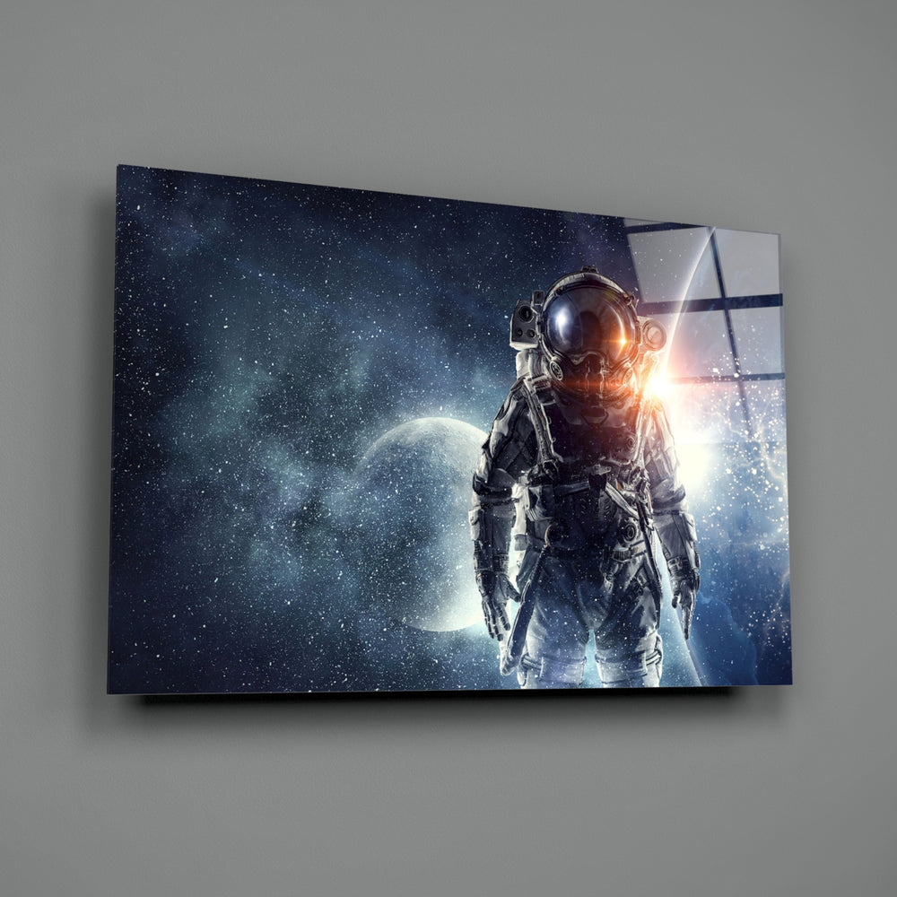 Astronaut close-up showing reflective helmet under sunflare and starfield