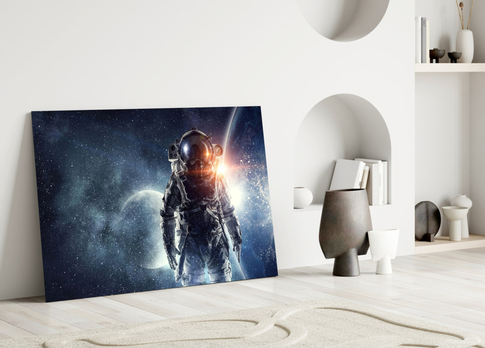 Astronaut glass wall art styled above a credenza in a gaming room