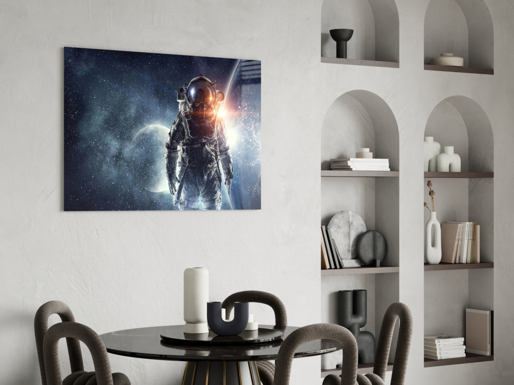 Astronaut glass print enhancing an office with cinematic drama