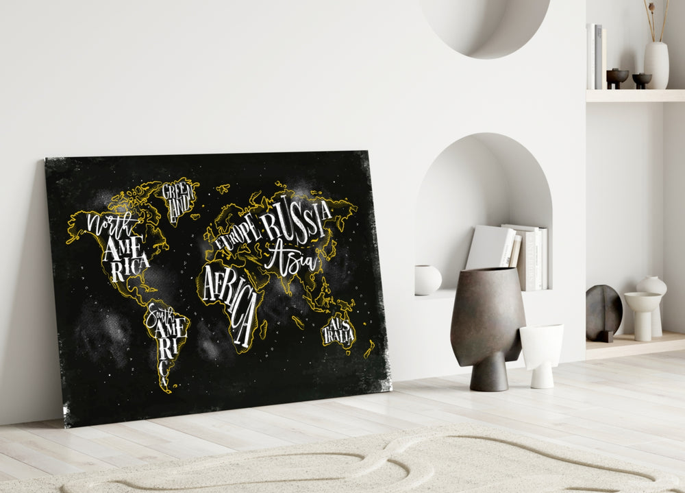 Modern World Map glass wall art styled above a shelf in an office