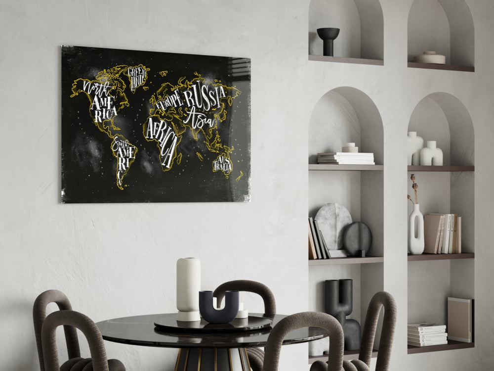 Modern World Map glass print enhancing a living room with cinematic warmth