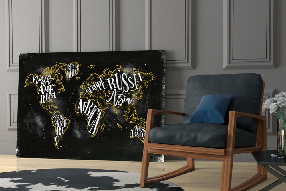 Modern World Map artwork anchoring a wall with scholarly classic palette