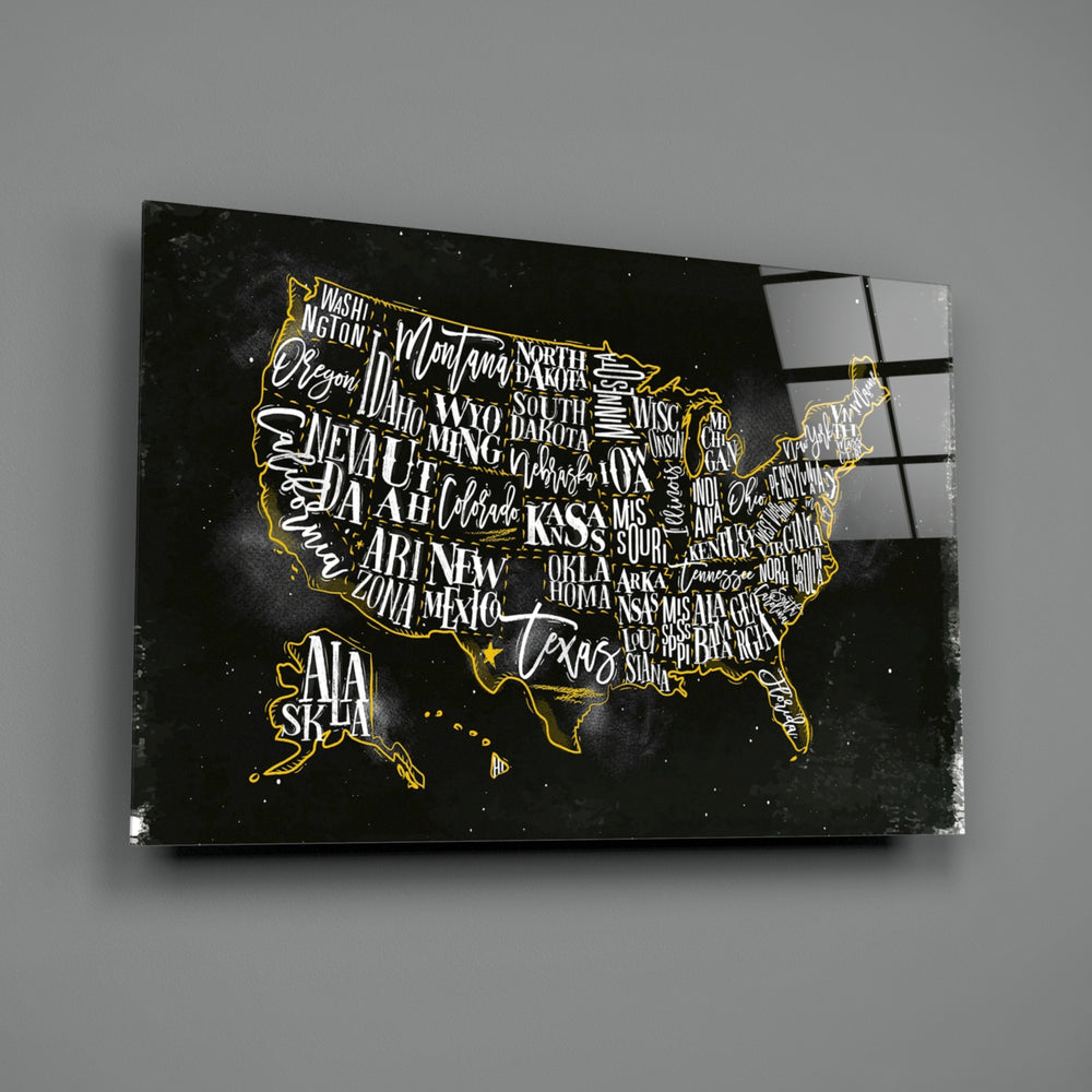 Map of USA close-up showing calligraphy states with gold-outlined borders