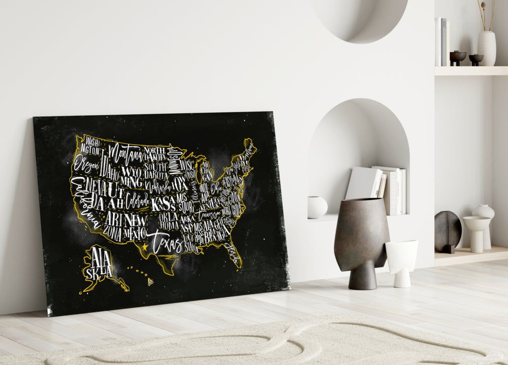 Map of USA glass wall art styled above a desk in an office