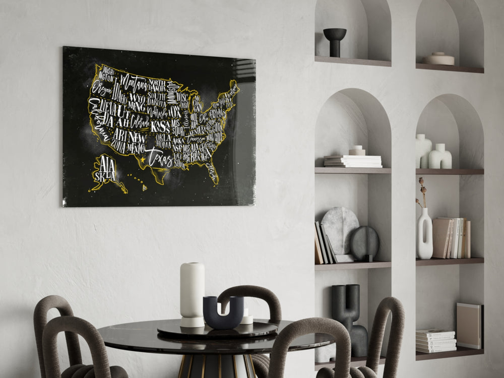Map of USA glass print enhancing a man cave with cinematic warmth