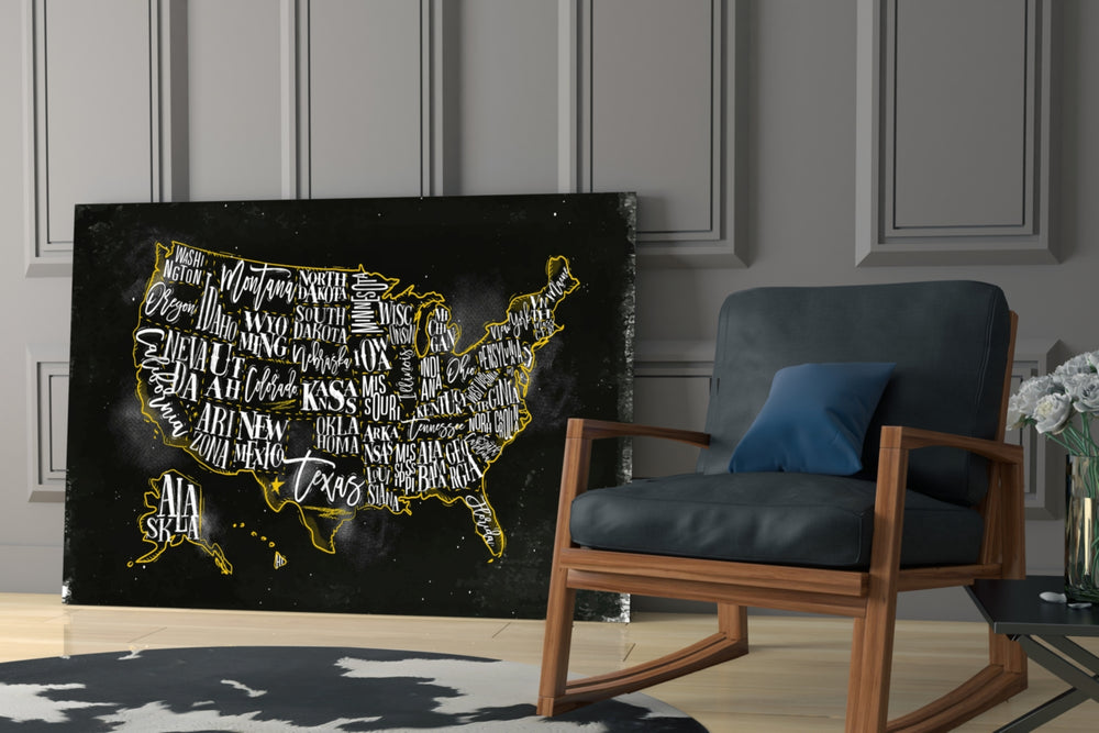 Map of USA artwork anchoring a wall with scholarly classic palette