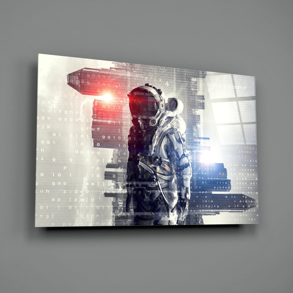 Digital Astronaut close-up showing glitched suit with red lens-flare visor