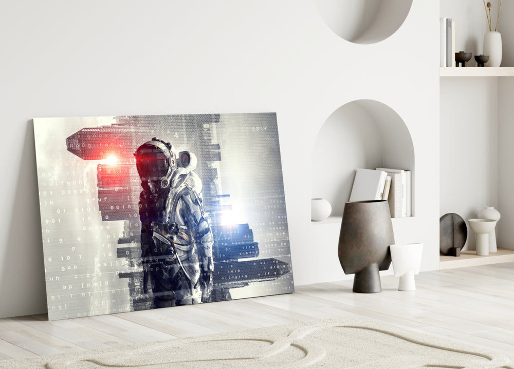 Digital Astronaut glass wall art styled above a console in a gaming room