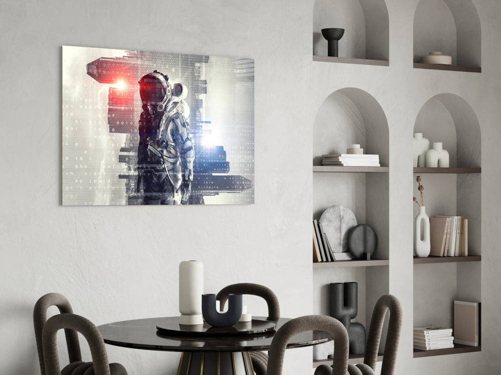 Digital Astronaut glass print enhancing a man cave with cinematic drama