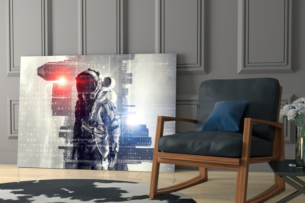 Digital Astronaut artwork anchoring a wall with bold sci-fi palette