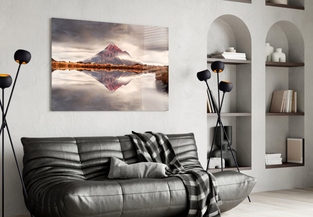 Mountain panel adding editorial calm to a bedroom