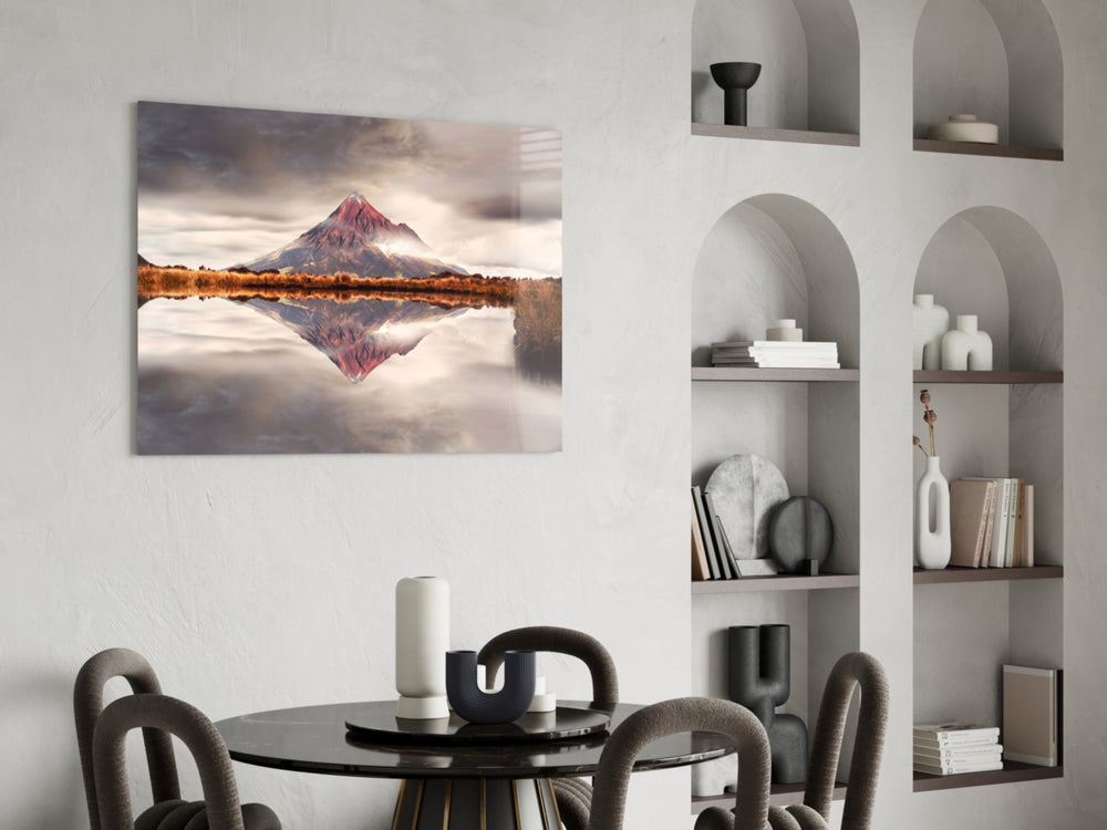 Mountain glass print enhancing a hallway with cinematic mood