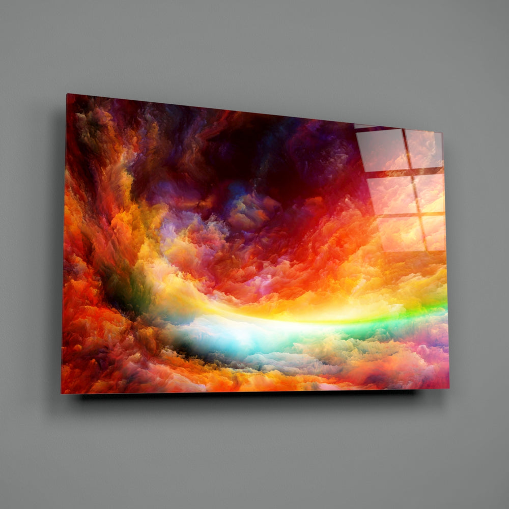 Abstract close-up showing rainbow arc through cosmic cloud plumes