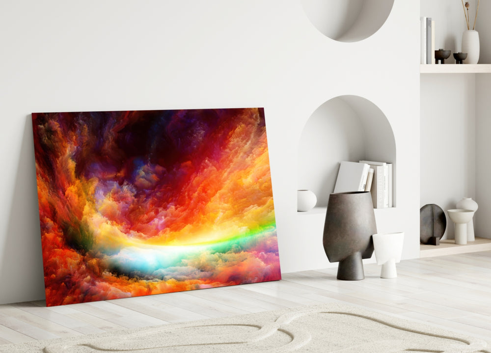 Abstract glass wall art styled above a sofa in a living room