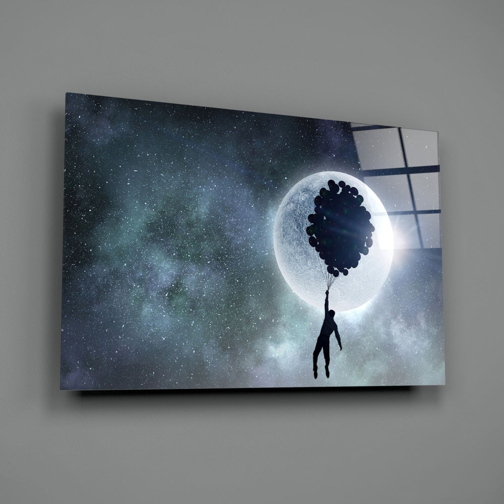 Hot Air Balloons close-up showing silhouetted figure on balloon strings under moon