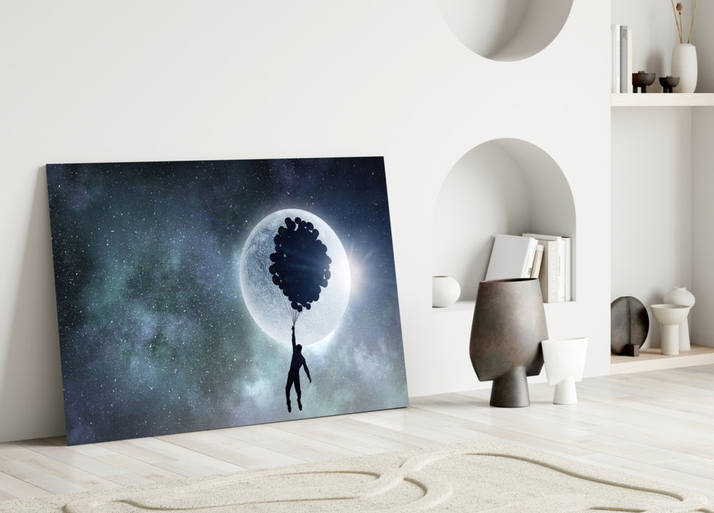 Hot Air Balloons glass wall art styled above a bed in a master bedroom