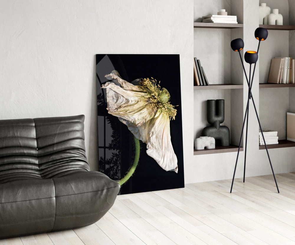 Flower glass print enhancing a dining room with cinematic quiet