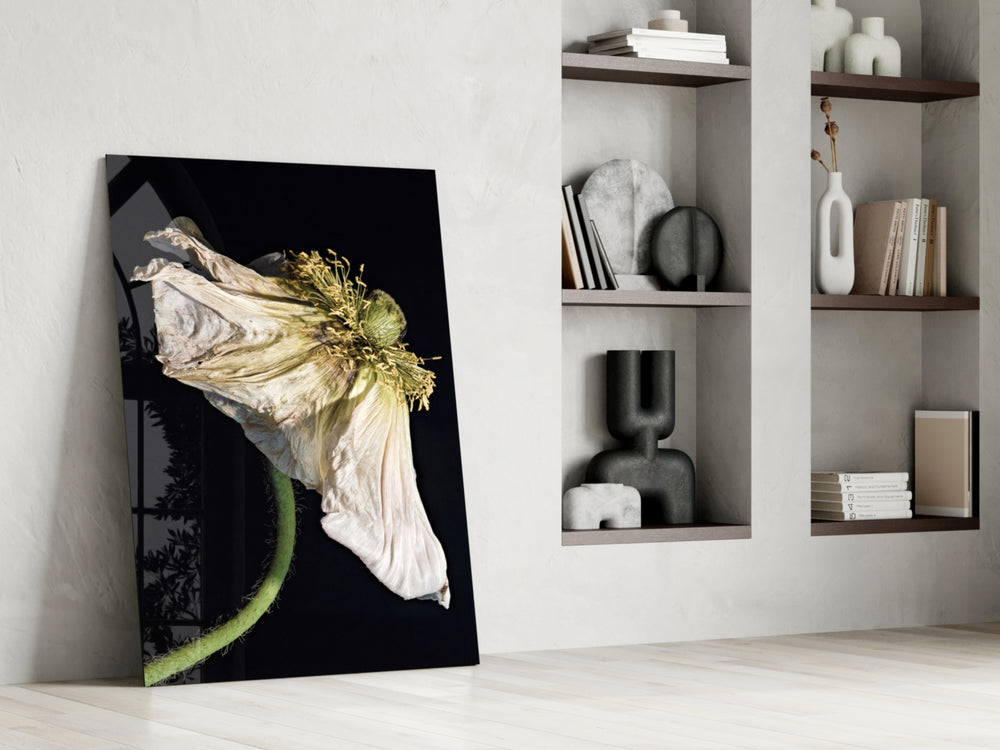 Flower artwork anchoring a wall with contemplative biophilic palette
