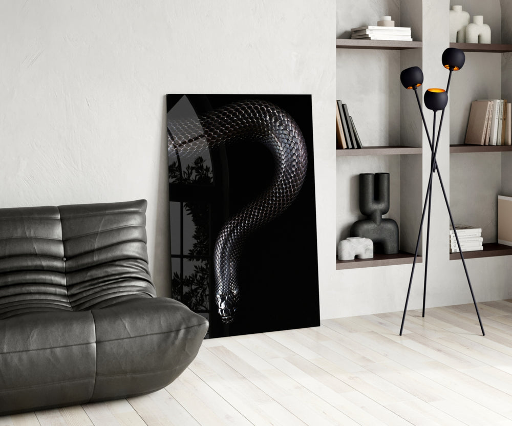 Snake glass print enhancing a man cave with cinematic drama