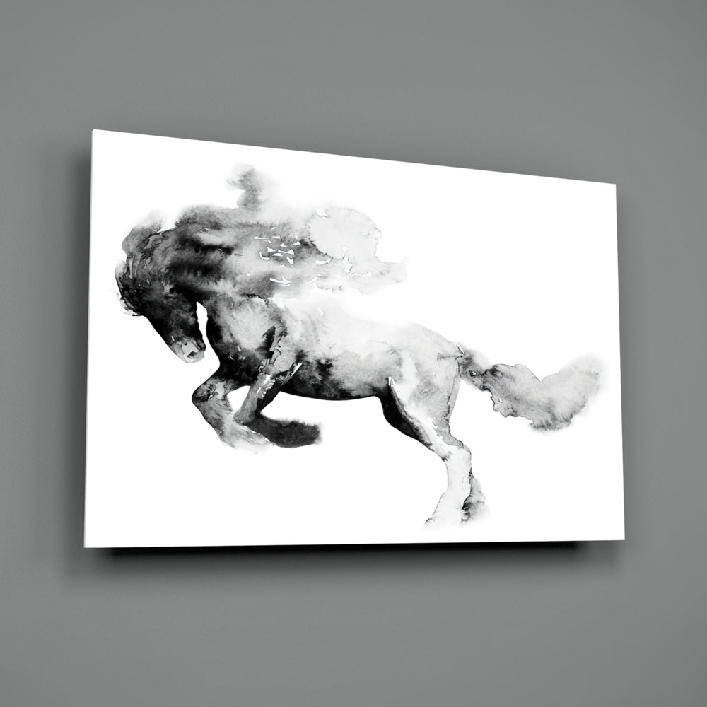 Horse close-up showing galloping figure dissolving into ink plumes