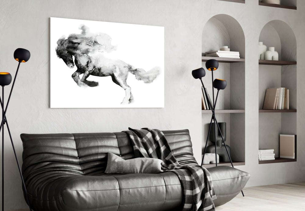 Horse panel adding editorial mood to a living room