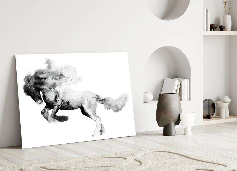 Horse glass wall art styled above a console in a hallway
