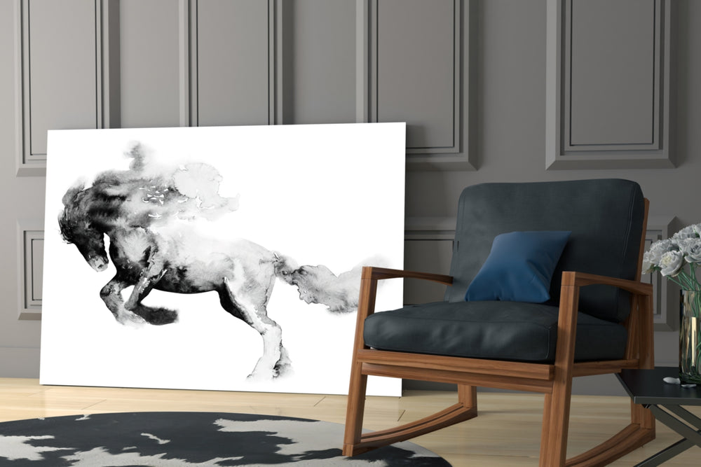 Horse artwork anchoring a wall with serene classical palette