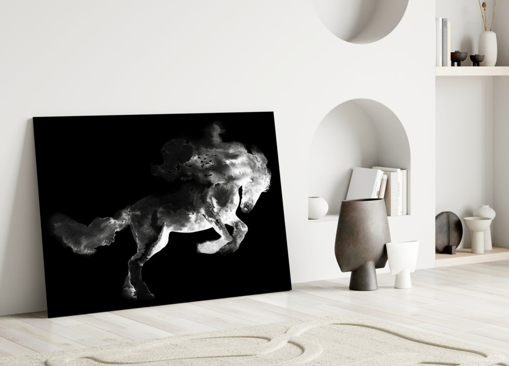 Horse glass wall art styled above a credenza in a living room