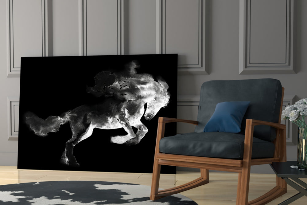 Horse artwork anchoring a wall with bold monochrome palette