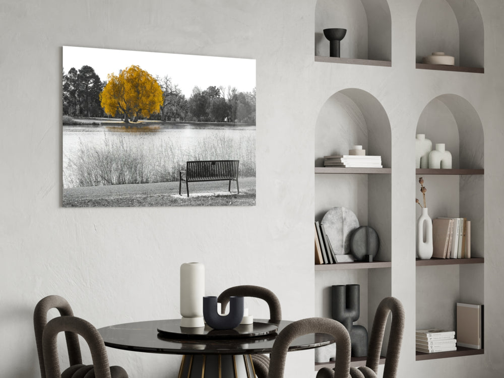 Yellow Tree glass print enhancing a bedroom with cinematic calm