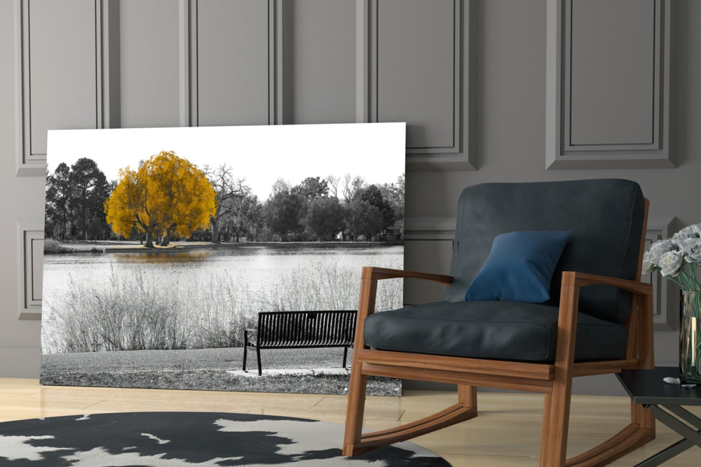 Yellow Tree artwork anchoring a wall with serene autumnal palette