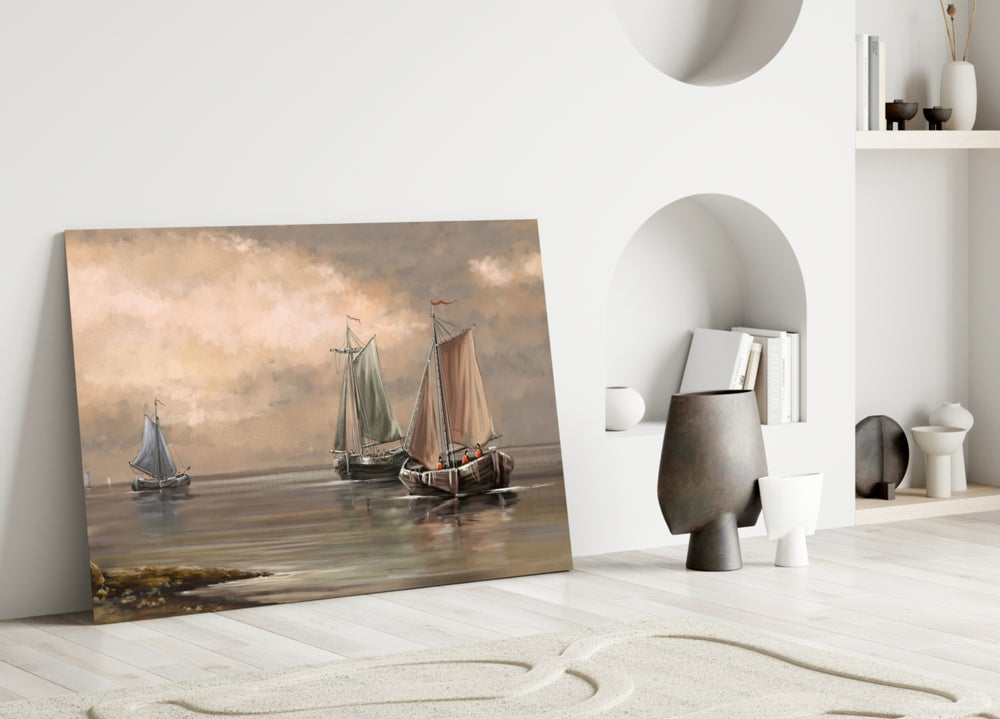 Sailboats glass wall art styled above a bench in a living room