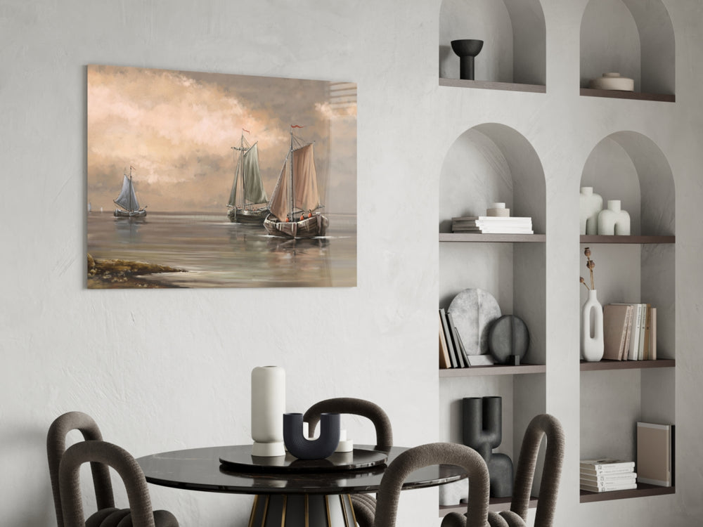 Sailboats glass print enhancing a dining room with cinematic mood