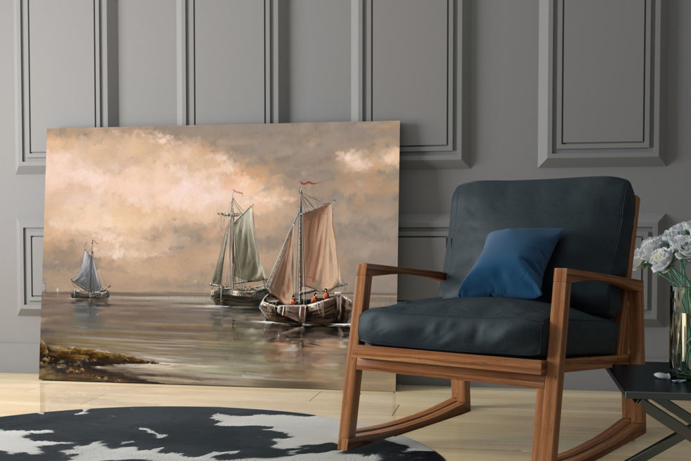 Sailboats artwork anchoring a wall with serene classical palette