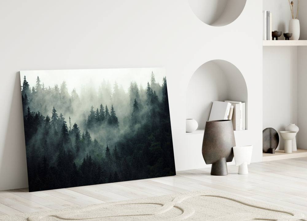 Landscape of Darkness glass wall art styled above a credenza in a living room