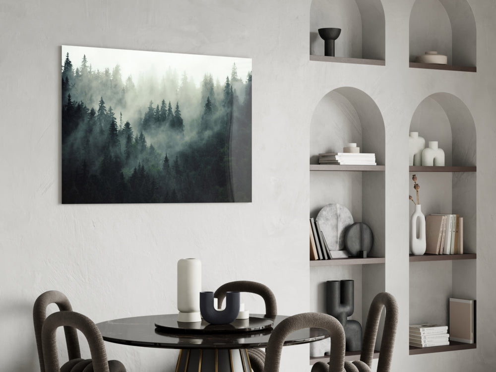 Landscape of Darkness glass print enhancing a hallway with cinematic quiet