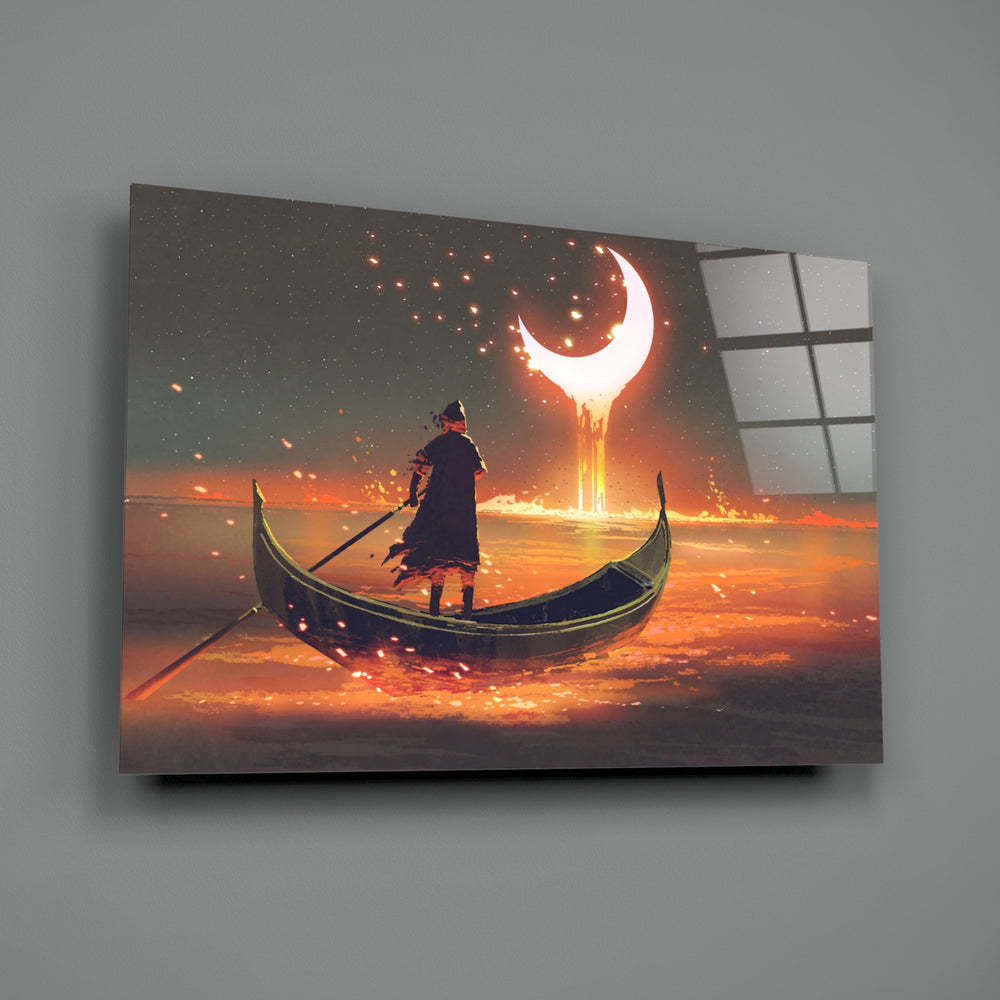 Red Moon close-up showing cloaked gondolier carrying molten crescent moon