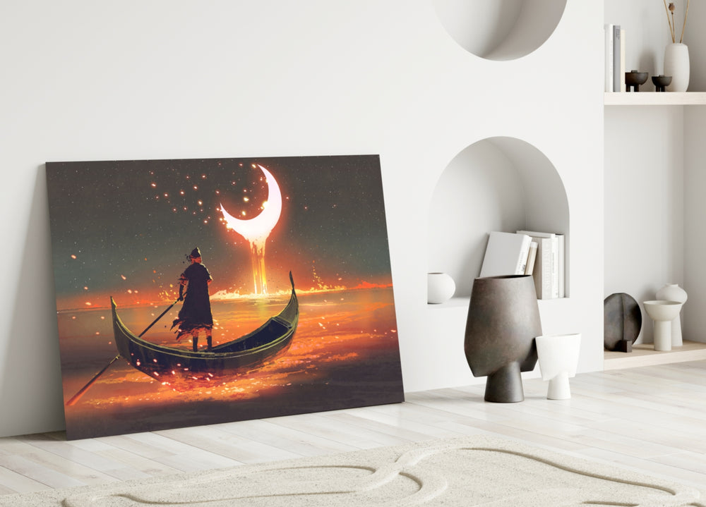 Red Moon glass wall art styled above a credenza in a living room
