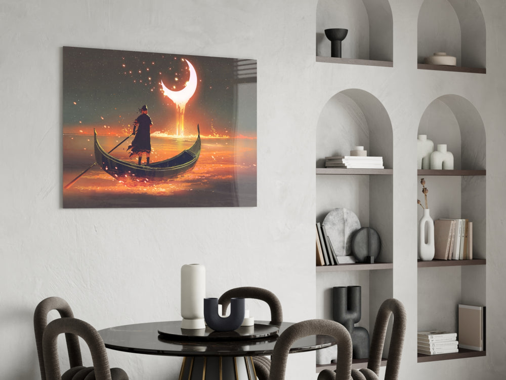Red Moon glass print enhancing a hallway with cinematic mood