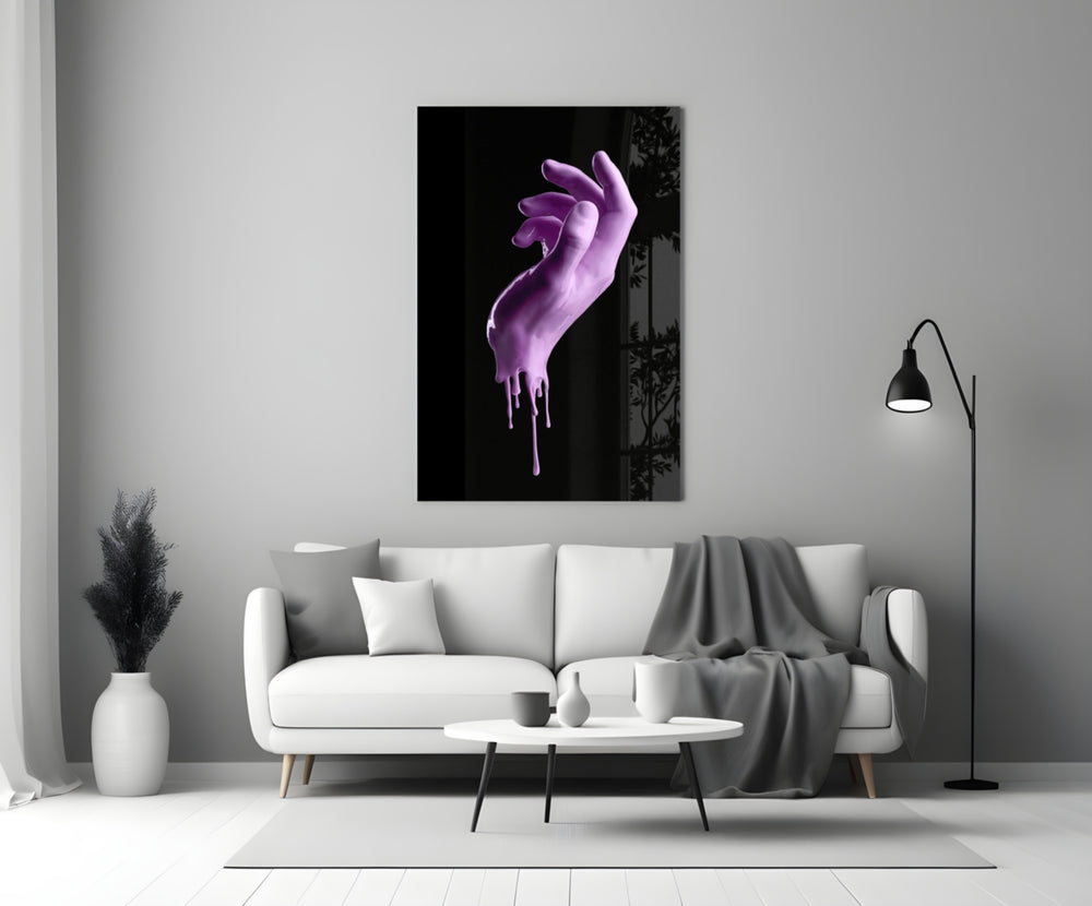 Hand glass wall art styled above a vanity in a bedroom
